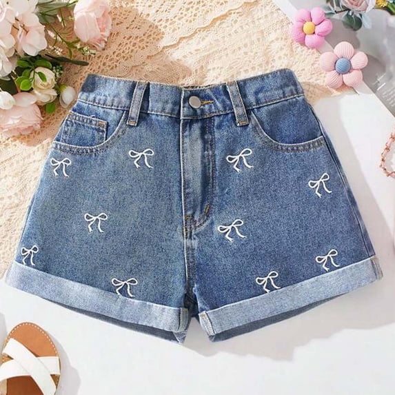 Jean Shorts for Girls Straight Leg Baggy Bow Embroidered Jean Shorts Girls Summer Clothes Jean Shorts Size 9-10 Years