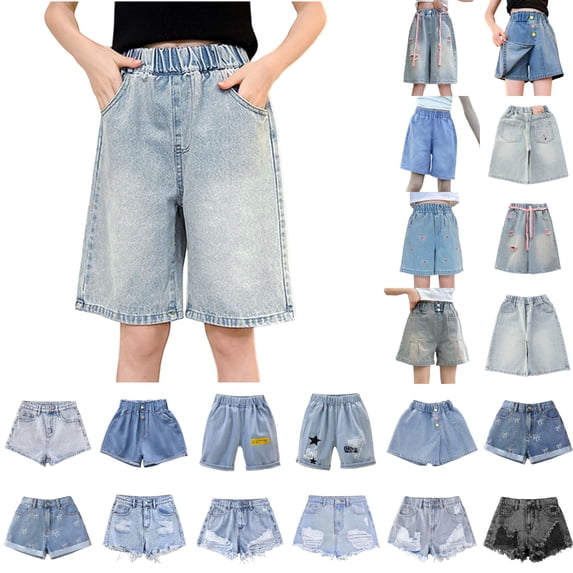 Jean Shorts for Girls Y2k Baggy High Elastic Waisted Cute Bow Embroidery Summer Denim Shorts