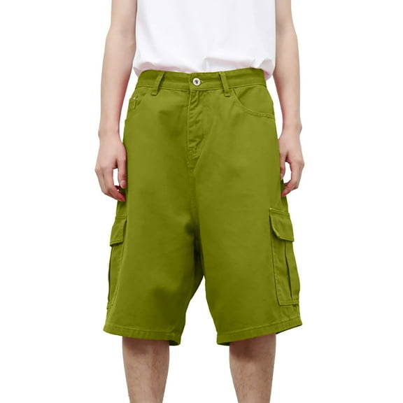 Jean Shorts for Men Baggy Solid Color Performance Work Cargo Shorts with Pockets Knee Length Wide Leg Summer Casual Men Denim Shorts