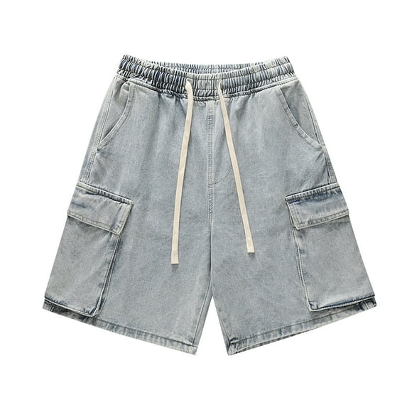 Jean Shorts for Men Drawstring Elastic Waist Loose Fit Casual Cargo Jeans Shorts Summer Solid Color Men Denim Shorts