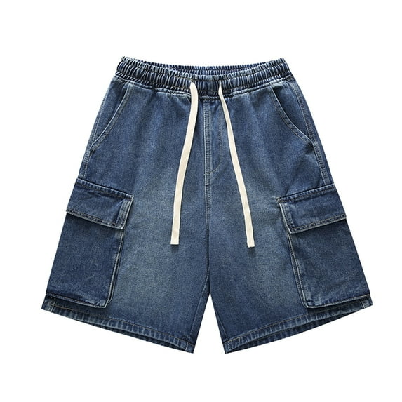 Jean Shorts for Men Drawstring Elastic Waist Loose Fit Casual Cargo Jeans Shorts Summer Solid Color Men Denim Shorts