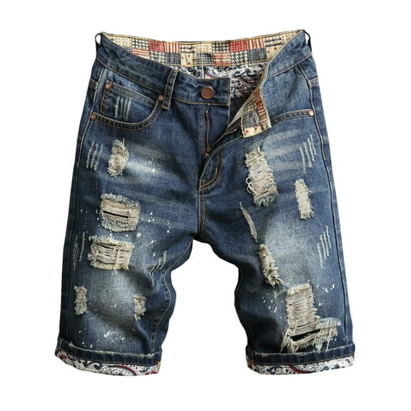 Jean Shorts for Men Ripped Summer Retro Distressed Street Style Denim Bermuda Shorts Slim Stretchy Straight Leg Casual Knee Length Men Denim Shorts