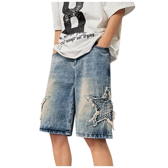 Jean Shorts for Men Star Embroider Baggy Drawstring Denim Bermuda Shorts with Pockets Elastic Waist Relaxed Loose Fit Street Men Denim Shorts