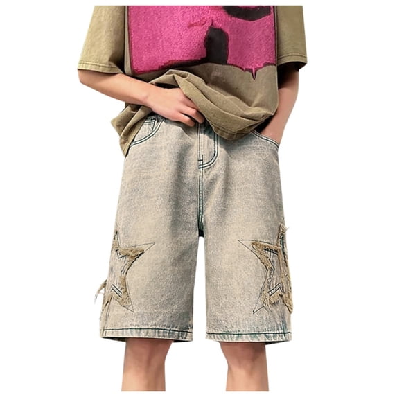 Jean Shorts for Men Star Embroider Baggy Drawstring Denim Bermuda Shorts with Pockets Elastic Waist Relaxed Loose Fit Street Men's Denim Shorts