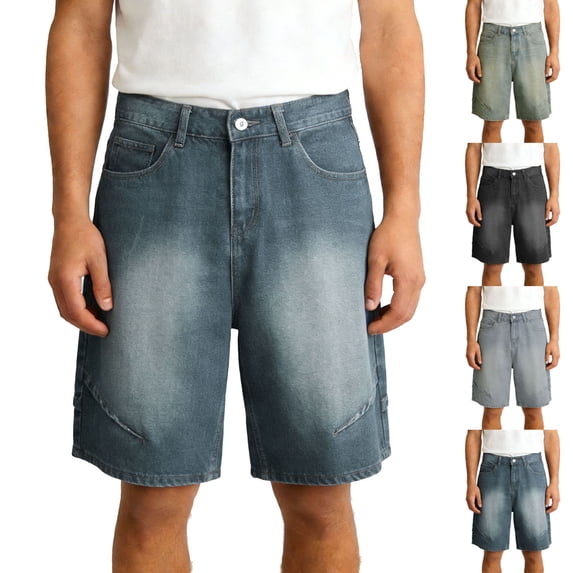 Jean Shorts for Men Strech Plus Size Relaxed Loose Fit Straight Leg Baggy Washed Denim Shorts Light Blue