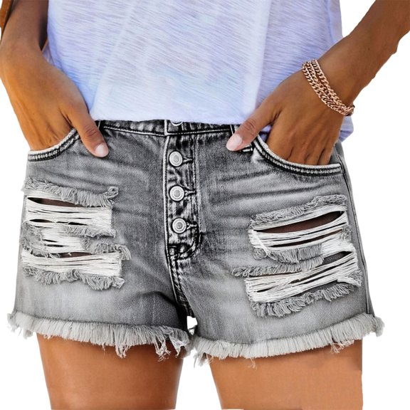 Jean Shorts for Women Casual Button Fly Distressed Stretchy Denim Short Ripped Frayed Hem Summer Jorts