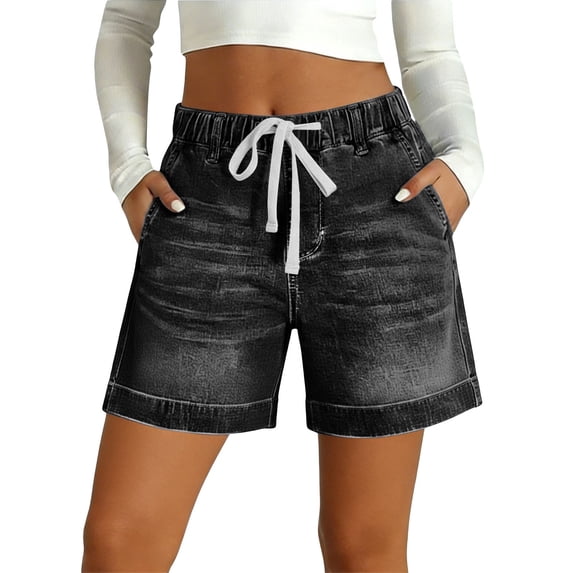 Jean Shorts for Women High Waisted Pull on Drawstring Elastic Waist Trendy Stretchy Denim Wide Leg Jorts Summer Shorts with Pockets L