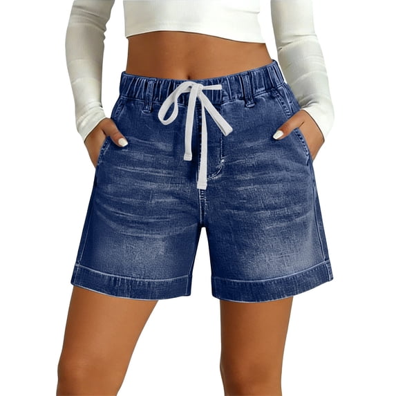 Jean Shorts for Women High Waisted Pull on Drawstring Elastic Waist Trendy Stretchy Denim Wide Leg Jorts Summer Shorts with Pockets M