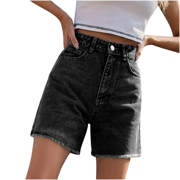 Jean Shorts for Women High Waisted Trendy Stretchy Crossover Waist Denim Shorts Casual Summer Pockets Black L