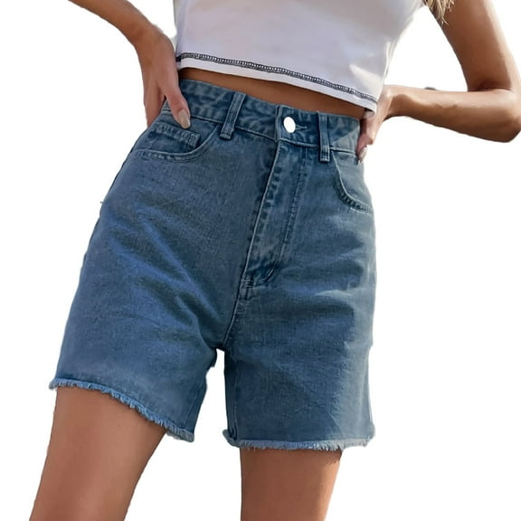 Jean Shorts for Women High Waisted Trendy Stretchy Crossover Waist Denim Shorts Casual Summer Pockets Blue M