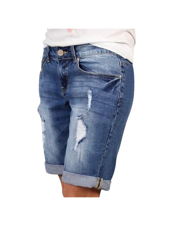 Jean Shorts for Women High Waisted Washed Casual Streetwear Distressed Stretchy Solid Juniors Relaxed ripped Cuffed Hem Knee Length Denim Short