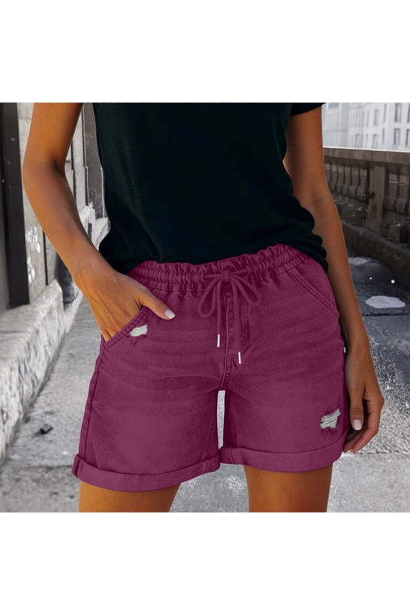 Jean Shorts for Women Plus Size High Waisted Denim Shorts Flat Front Distressed Ripped Solid Casual Shorts with Pockets