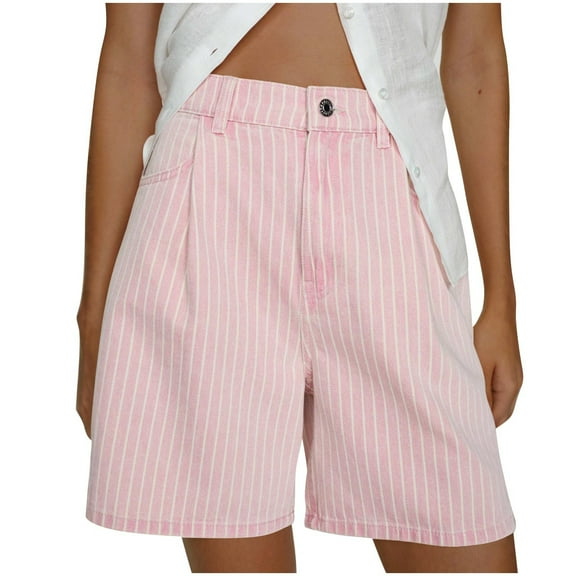 Jean Shorts for Women Striped Casual High Waisted Denim Short Pants with Pocket Zipper and Button Shorts (S, Pink)
