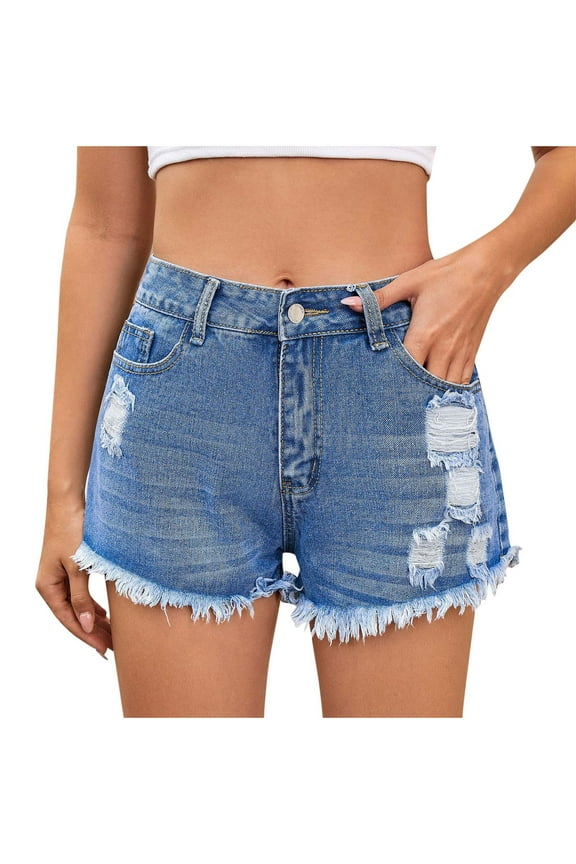 Jean Shorts for Women Summer Casual Frayed Ripped Ruffle Denim Shorts Button Mid Waist Classic Fit Shorts