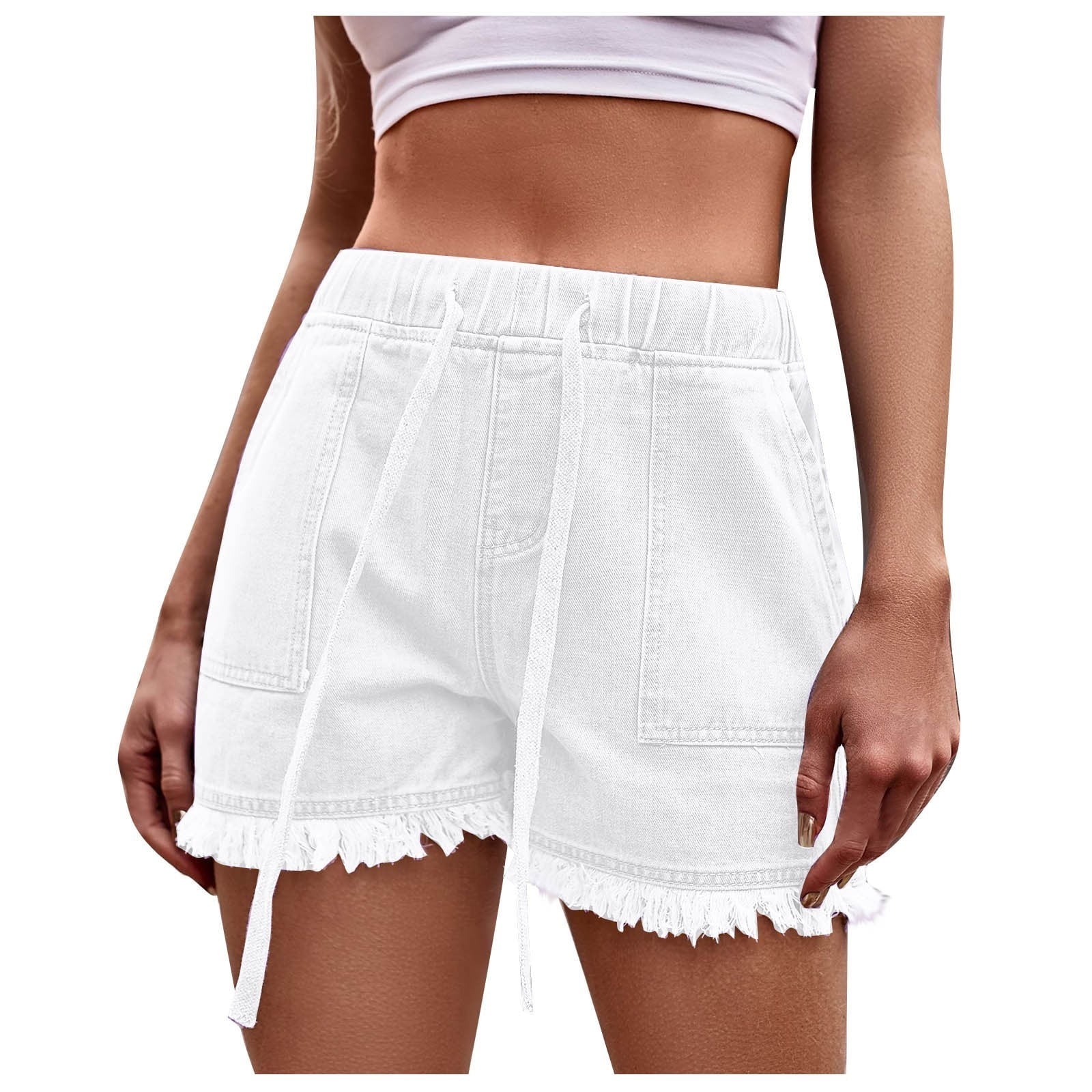 Jean Shorts for Women Summer Drawstring Elastic Waist Distressed