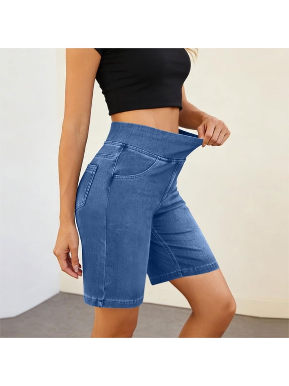 Jean Shorts for Women Trendy Pull On Mid Rise Elastic Waist Slim Fit Jean Shorts Summer Casual Long Denim Walking Shorts