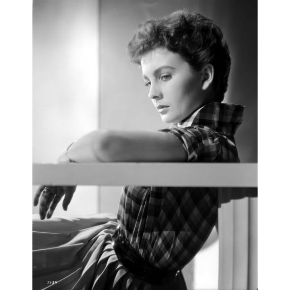 Jean Simmons Leaning Back in Checkered Short Sleeve Shirt with Left Arm Rest on Top of a Railing Photo Print (8 x 10)