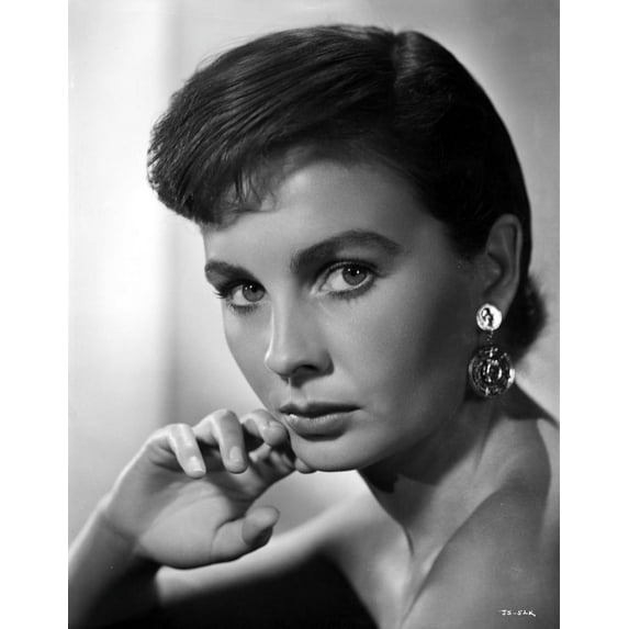 Jean Simmons Portrait in Black Off Shoulder Dress and Coin Earrings with Right Hand on the Chin Photo Print (8 x 10)
