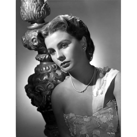 Jean Simmons Portrait in White Single Strap Embroidered Silk Dress and Pearl Necklace Photo Print (8 x 10)