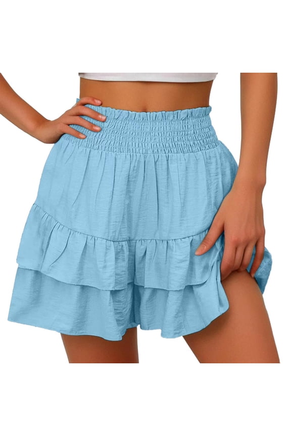 Jean Skirt with Shorts Underneath Ruffle Shorts for Women, Boho Ruffled Tiered Skorts, Summer Casual High Waist Flowy Comfy Cotton Mini Shorts 2025 Light Blue S