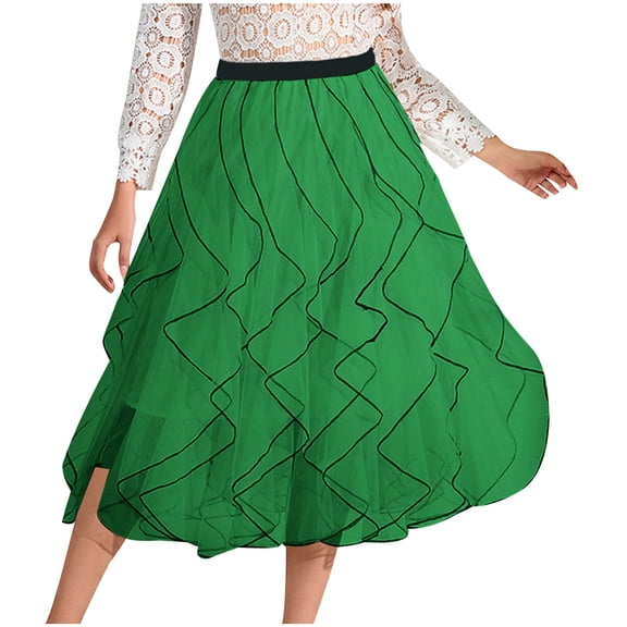 Jean Skirt Women's A-Line Midi Skirt Elastic Waist Midi Skirt High Waist A-Line Midi Skirt for Wedding Evening Party Mesh Skirts A Line Skirts Women Green M