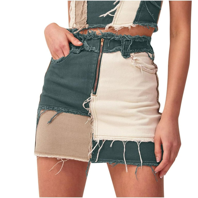 Jean Skirt for Women High Waist Color Block Patchwork Ripped Stretch Frayed Hem Distressed Wrap Denim Mini Skirt