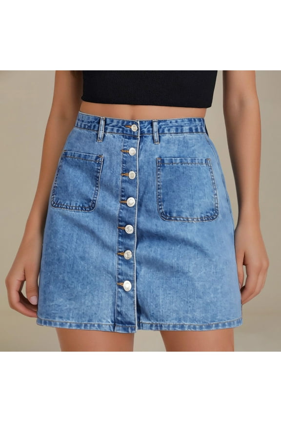 Jean Skirts for Women Denim High Waiste Stretchy Button Front Short Pencil Skirt with Patch Pockets Womens Mini Skirt Blue XXL