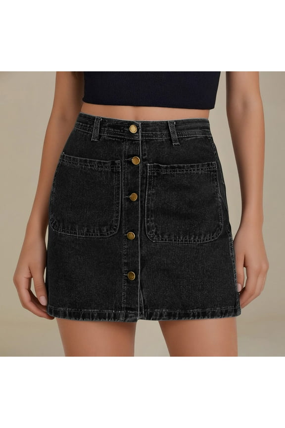 Jean Skirts for Women Denim High Waiste Stretchy Mini Button Front Short Pencil Skirt with Patch Pockets Black XL