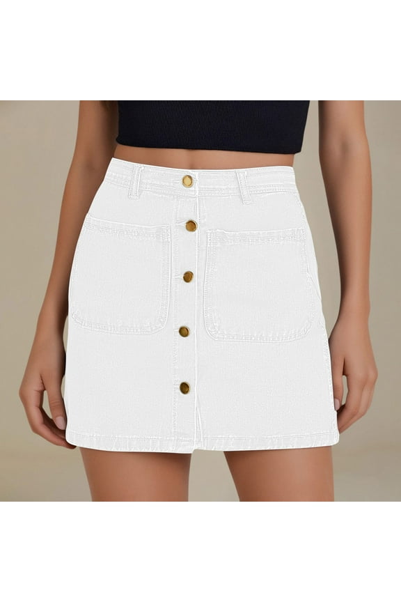 Jean Skirts for Women Denim High Waiste Stretchy Mini Button Front Short Pencil Skirt with Patch Pockets White XXL