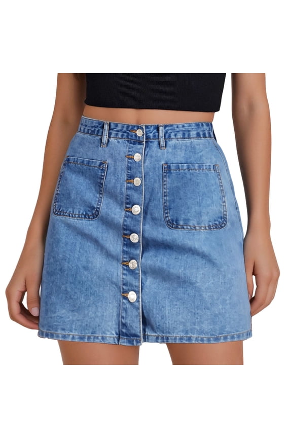 Jean Skirts for Women Denim High Waisted Trendy Stretchy Mini Button Front Short Pencil Skirt with Patch Pockets Blue S