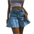 thumbnail image 1 of Jean Skirts for Women High Waist Pleated Ruffle Denim Skirt School Uniform Girls A-line Mini Skirt with Shorts, 1 of 5