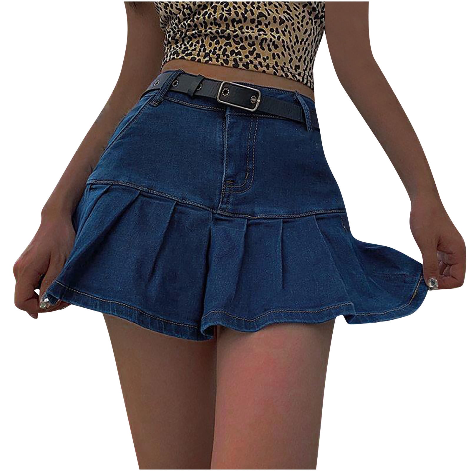 Jean Skirts for Women High Waist Pleated Ruffle Denim Skirt School 