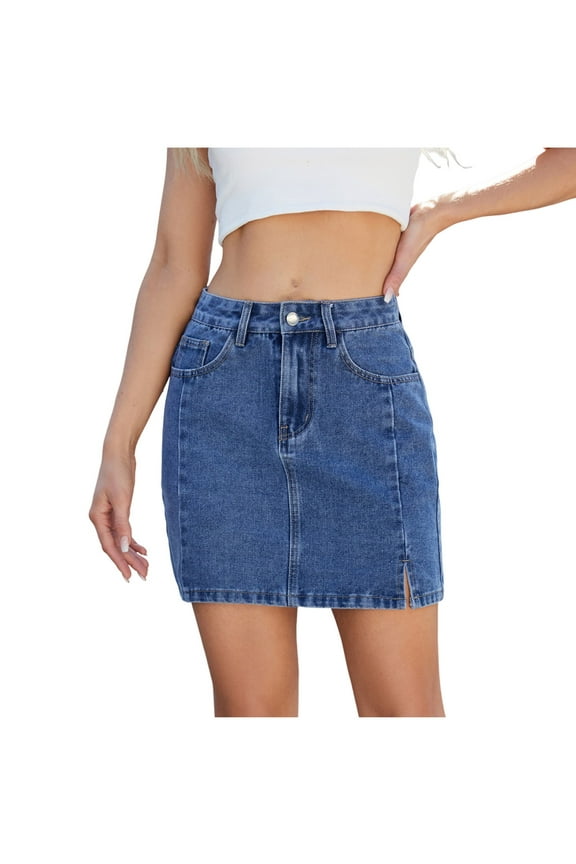 Jean Skirts for Women Trendy Slit High Waist Stretchy Denim Mini Skirts Casual Summer Jean Skirt with Pockets