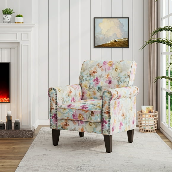 Homesvale Jean Rolled Arm Chair with Nailheads, Pastel Pink Floral Pattern Polyester, For Living Room, Bedroom