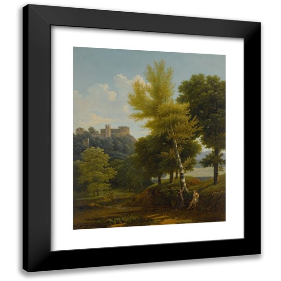 Jean-Victor Bertin 12x14 Black Modern Framed Museum Art Print Titled - View of a Brook in the Countryside, a Castle in the Hillside Above, with Paris and Oenone in the Foreground
