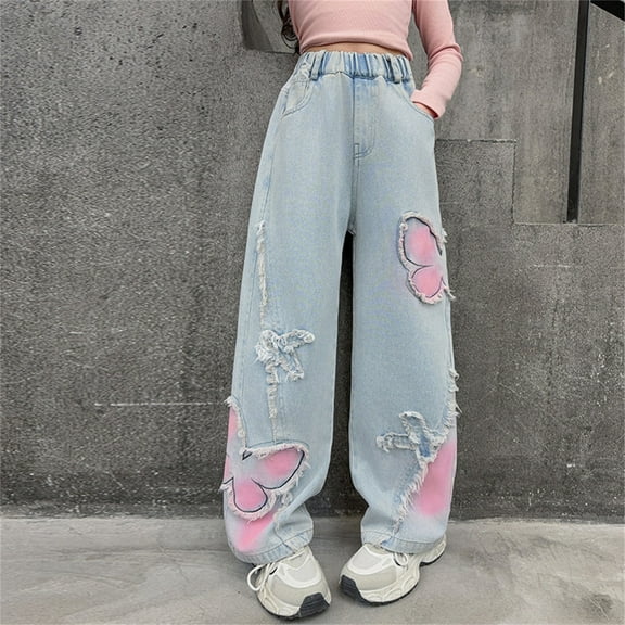 Jean for Girls Butterfly Jeans Girls Straight Leg Jeans Wide Leg Denim Jeans High Waisted Baggy Jeans Kids Casual Pants for Kids 4-5 Years
