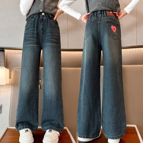 Jean for Girls Elastic Waist Jeans Girls Straight Leg Wide Leg Girls Pants High Waist Baggy Jeans Kids Casual Jeans for Girls 7-8 Years