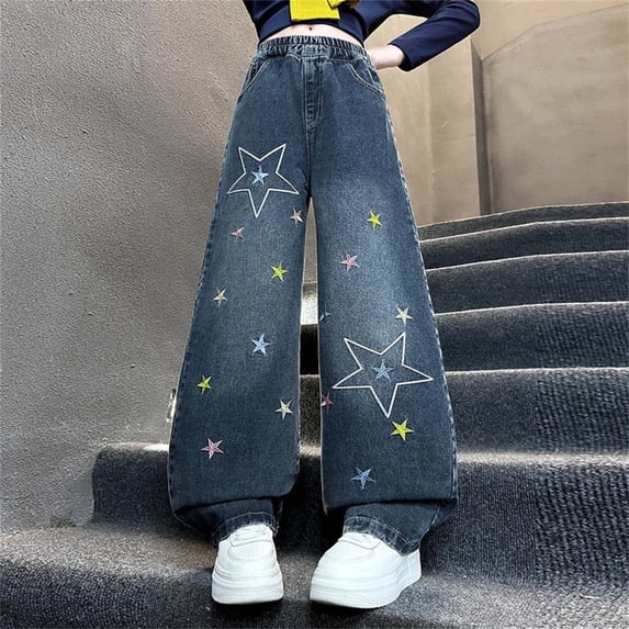 Jean for Girls Star Jeans Straight Leg Jeans Wide Leg Jeans Girls High Waist Girls Baggy Pants with Pockets 6-7 Years Girl Clothes