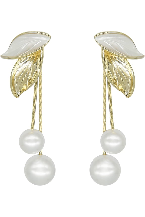 JeanBeau Large Dangle Pearl Earrings with Rhinestone Cubic Zirconia Chain - 14k Gold plated Brass, Synthetic Faux Pearl – Sparkly Long Chain/C shaped Open Hoop Drop Dangle Earrings for Women