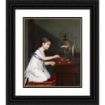 thumbnail image 1 of Jeanne Elisabeth Chaudet 12x14 Black Ornate Wood Framed Double Matted Museum Art Print Titled: A Young Girl in a White Dress with a Green Sash, Kneeling by a Bird Cage While Tending to Her B, 1 of 5