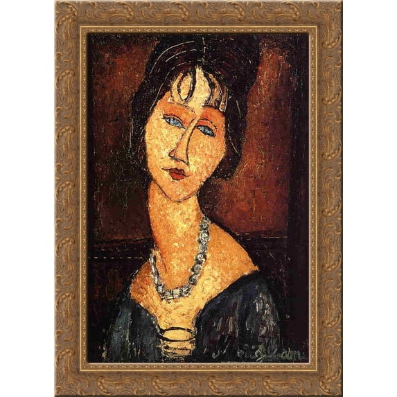 Jeanne Hebuterne with Necklace 20x24 Gold Ornate Wood Framed Canvas Art by Modigliani, Amedeo