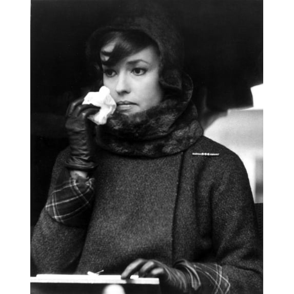 Jeanne Moreau Candid Portrait in Black Linen Long Sleeve Folded Top Twee Coat and Black Scarf Photo Print (8 x 10)