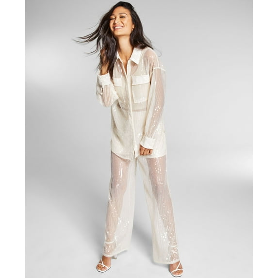 Jeannie Mai X Inc Sheer Sequin Oversized Shirt Nude XL