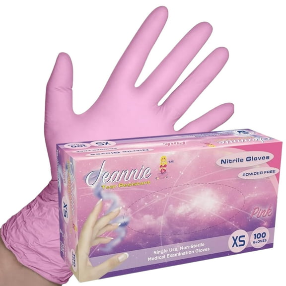 Jeannie Pink Glove World Nitrile Disposable Gloves X-Small, 100/Box Super Stretch, Tear-Resistant, Latex and Powder Free Ideal for Food Prep, Arts & Crafts, Gardening, Light Tasks
