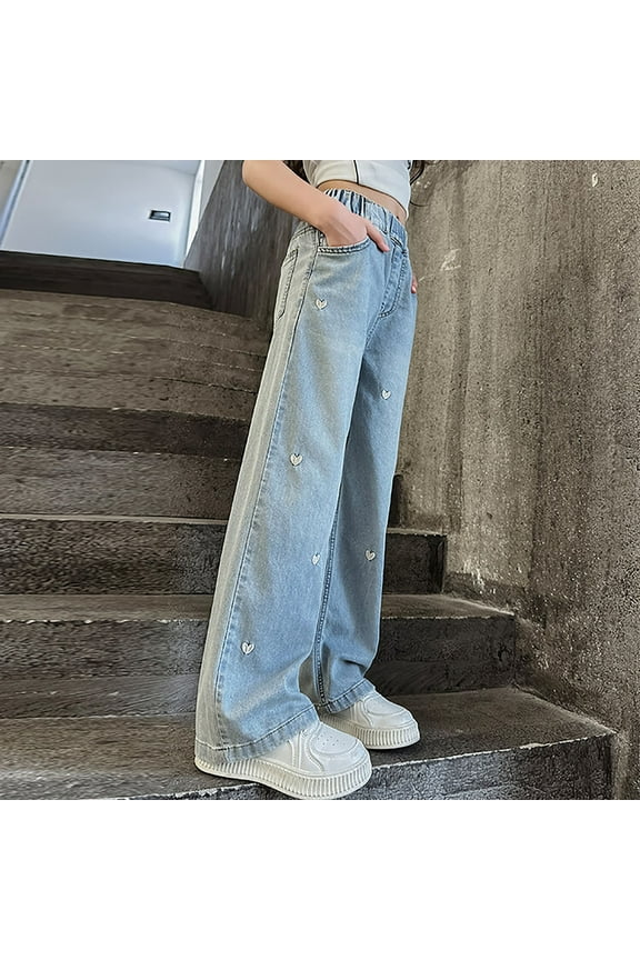 Jeans With Bows Down The Side Girls Jeans Baggy Pants Wide Leg/Flare/Skinny Denim Ripped High Waisted Teen Clothes Casual Kids 6-14Y Cute Ripped Jeans Elastic Waist