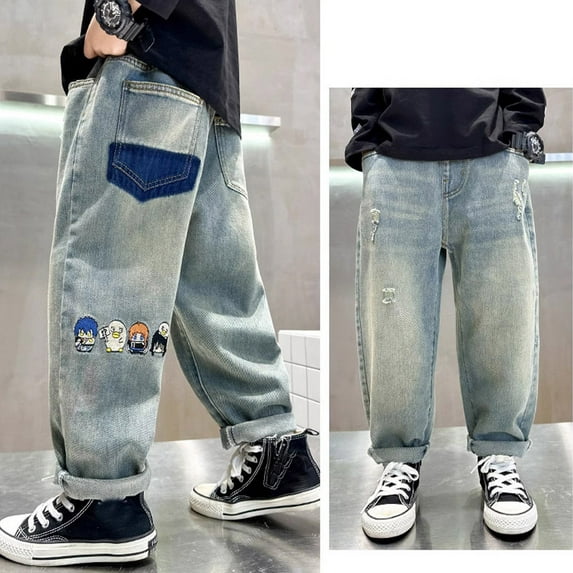 Jeans for Boys Kids Toddler Boys Baggy Jeans Straight Leg Elastic Waist Distressed Ripped Denim Pants with Pockets and Holes Jeans for Teens Blue 4 Years-5 Years
