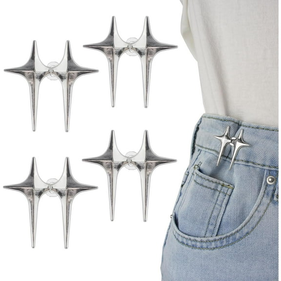 Jeans Button, 4 Sets Adjustable Star Button for Jeans, Detachable Decorative Waist Buckles, Perfect Fit Tighten Waist Adjustment Instant Button Pins for Pants - Silver