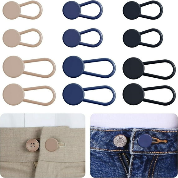 Jeans Button Extender 12-Pack | Adjustable Waistband Expander for Men Women | 3 Colors, Rubber, Adds 1-2 Inches to Pants, Skirts, Trousers | No-Sew, Flexible, Reusable, Comfortable, Hidden Design