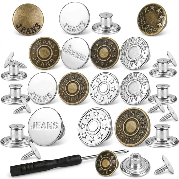Jeans Button Replacement Kit, 32 Sets No-Sew Removable Metal Buttons with 17 mm and 20 mm Thread Rivets, Screwdriver, Storage Box, Multicolor for Women and Men Denim Waist Adjustment