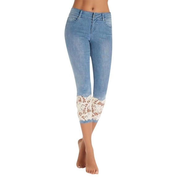 Jeans Capris For Women Elastic Lace Patchwork Cropped Jeans Denim Trousers Stretchy Capri Jeans Stretch Pencil Pants